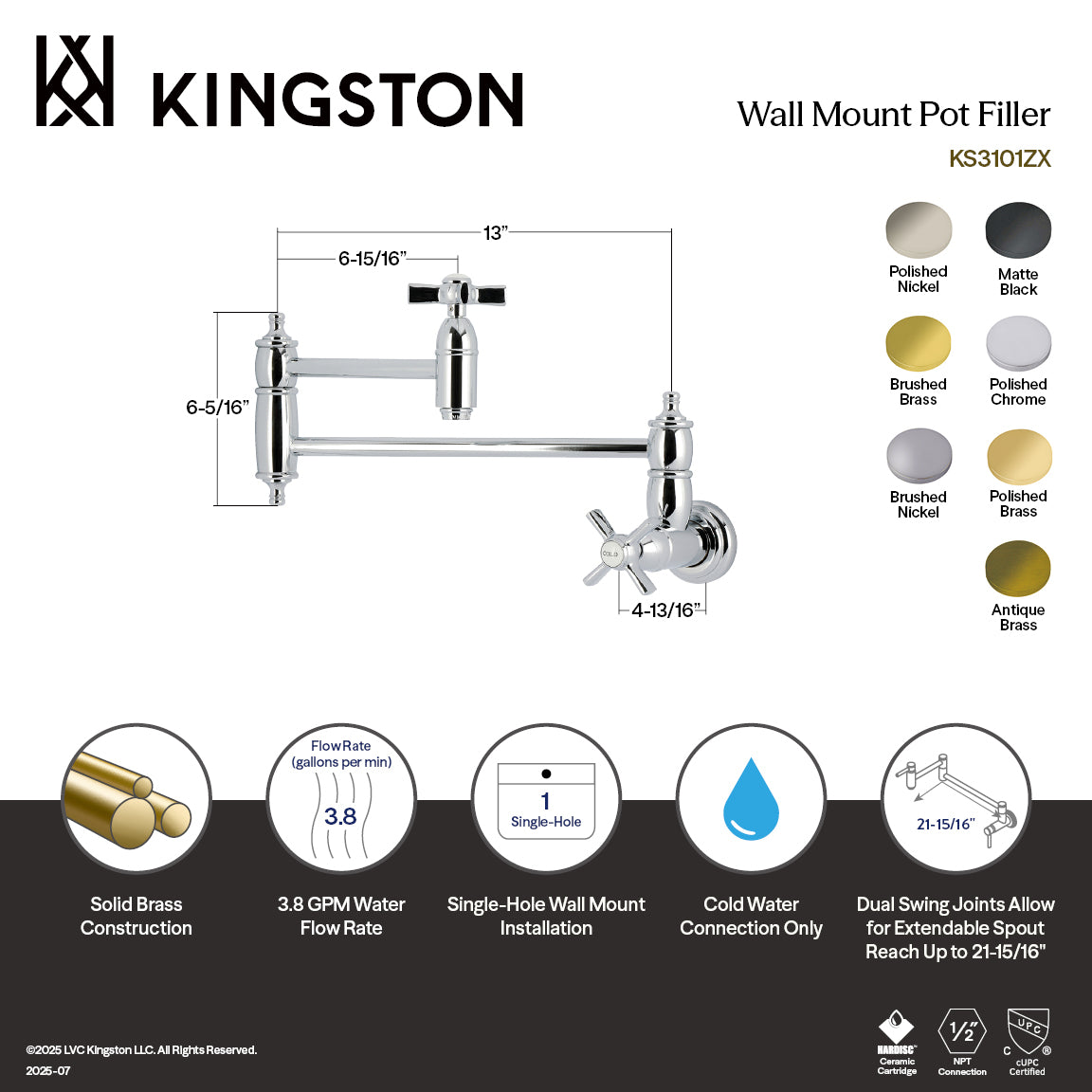 Kingston Tulare KS3106ZX - Millennium Two-Handle 1-Hole Wall Mount Pot Filler Faucet, Polished Nickel — thumbnail 2